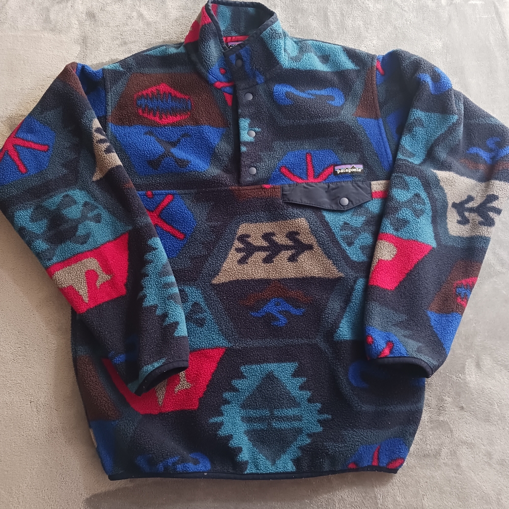 Patagonia Men Sz S Fleece Pullover - Teal, Navy, Red & Tan Aztec Snap Closure